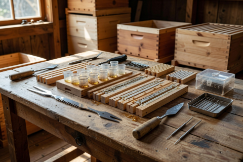 Advanced beekeeping setup with queen-rearing equipment and specialized hive tools on a wooden table