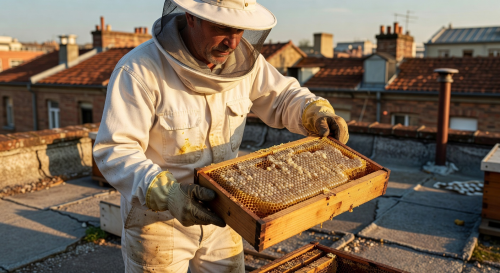 Beekeeper examining a frame of capped honey cells in warm sunlight on a rooftop