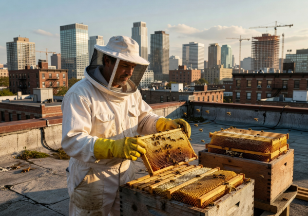 Beekeeper in protective gear inspecting honeycomb frames on an urban rooftop with city skyline behind