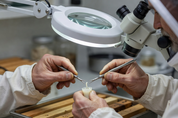 Close-up of a beekeeper performing queen grafting with specialized micro-tools under magnification