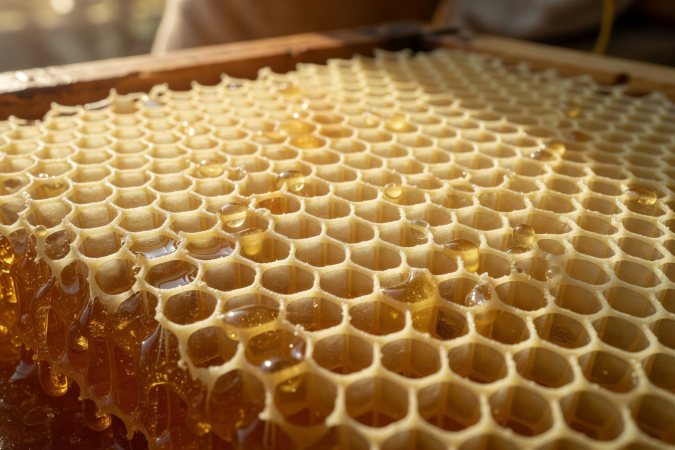 Close-up of a frame of capped honeycomb cells glistening with fresh honey in warm sunlight
