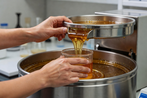Close-up of hands extracting golden honey from a centrifuge machine in a lab