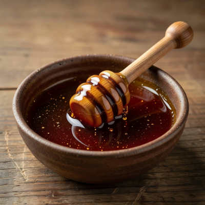 Dark amber buckwheat honey in a ceramic bowl with a wooden dipper