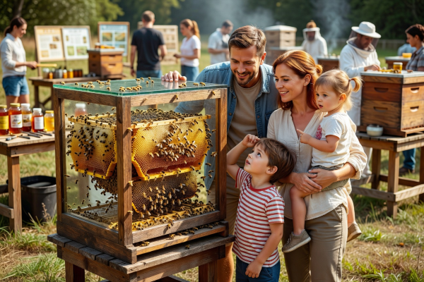 Family with children observing a glass-walled observation hive during a weekend beekeeping event