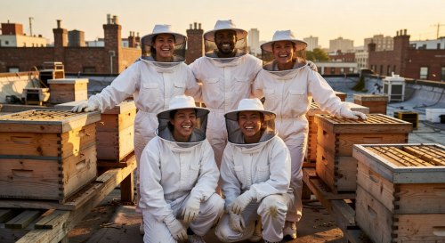 Young woman smiling while holding a frame of bees during an urban beekeeping workshop