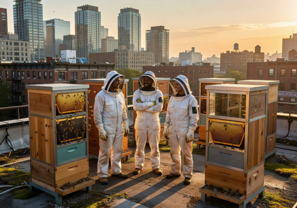 Founders of the urban beekeeping lab standing on a rooftop surrounded by beehive towers and city buildings