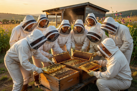 Group of workshop participants wearing bee suits learning to inspect beehive frames
