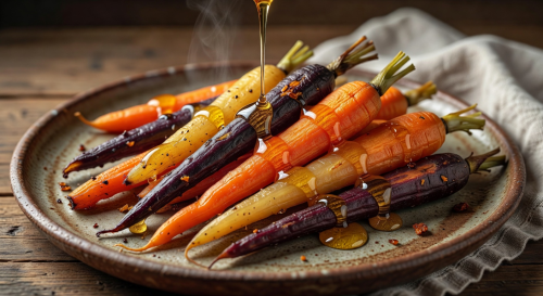 Overhead view of honey being drizzled over fresh sourdough bread with butter and herbs