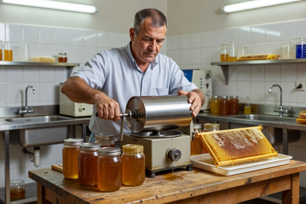 Instructor demonstrating honey extraction techniques using a manual centrifuge in the honey lab