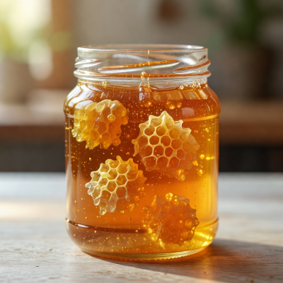 Jar of golden wildflower honey with honeycomb pieces floating inside