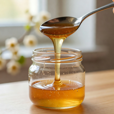Light golden linden blossom honey drizzling from a spoon into a glass jar