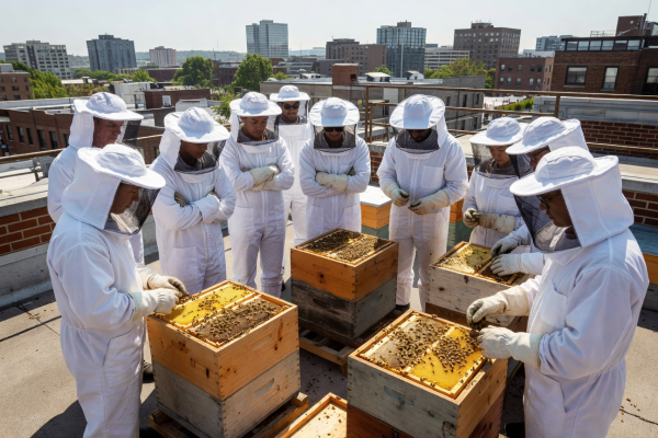 Participants in bee suits gathered around open hive boxes on a rooftop during an introductory beekeeping workshop