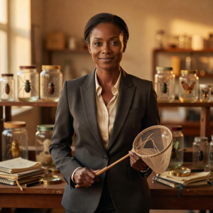 Portrait of Dr. Amara Osei, Lead Entomologist, with warm lighting and professional attire