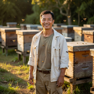 Portrait of Marcus Chen, Head Apiarist, wearing a warm smile and casual clothing