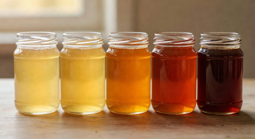 Side-by-side comparison of different honey colors ranging from pale gold to deep amber