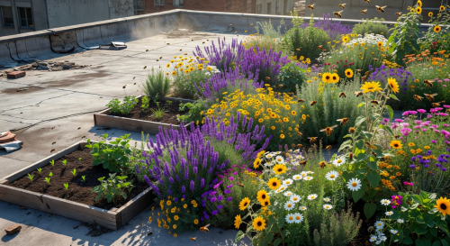 Time-lapse composite showing the transformation of a bare rooftop into a thriving bee garden