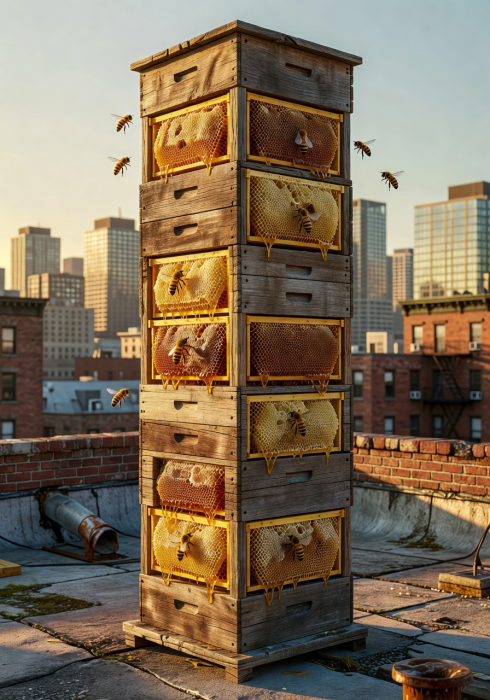 Vertical beekeeping tower on an urban rooftop with golden honeycomb frames visible