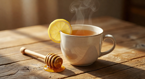 Warm cup of honey chamomile tea with a lemon slice and honey dipper on a wooden surface